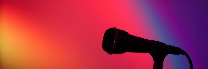 Silhouette of a Microphone Against a Gradient Rainbow Background