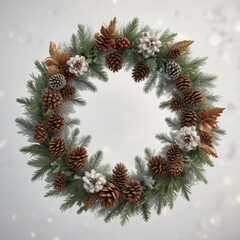 Fototapeta premium Round pinecone center wreath with ornaments and ribbons on white snowy scene, pinecone wreath, winter wonderland, white background