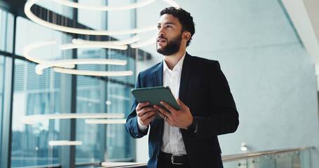 Thinking, tablet and business man at hotel for conference, keynote speaker and research. Vision,...