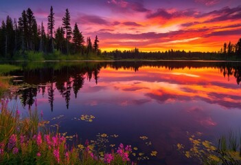 breathtaking view vibrant sunset reflections illuminating calm surfaces tranquil lake dusk, water, colors, evening, sky, horizon, nature, beauty, landscape