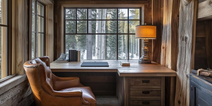 Warm light illuminates a rustic home office featuring a wooden desk, leather chair, and large window framing a serene snowy forest, creating an inspiring workspace