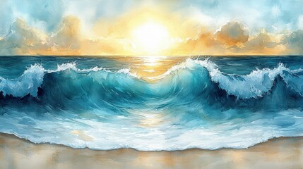 Naklejka premium Majestic ocean waves sunset sky painting