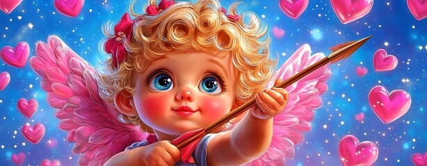 Fototapeta premium Charming Retro Cupid Boy with Arrow and Hearts for Romantic Valentine’s Day, Charming Retro Cupid Boy with Arrow and Hearts