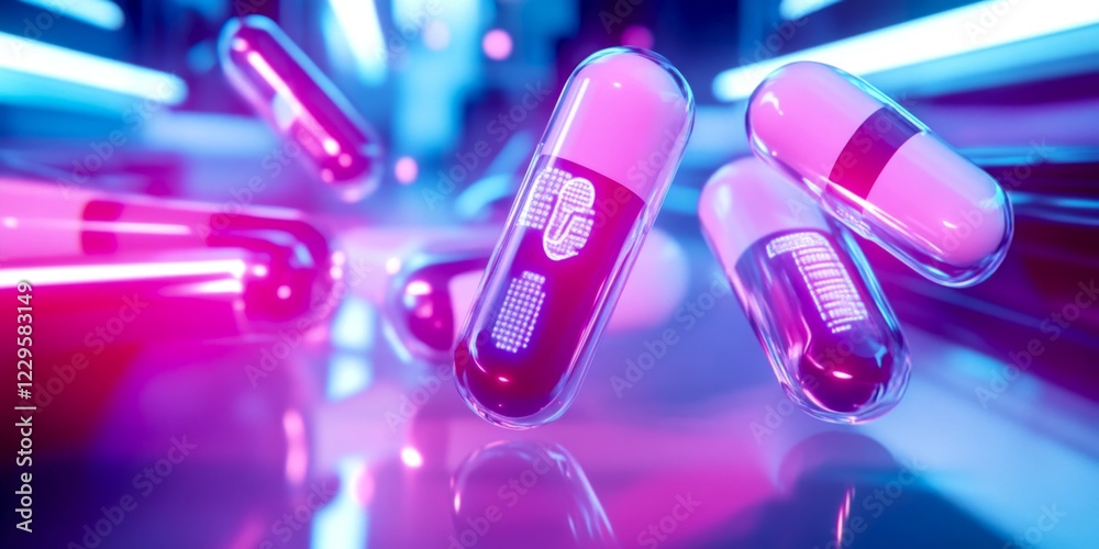 Wall mural a colorful array of capsules floating in a vibrant atmosphere. the bright neon lights give a futuris