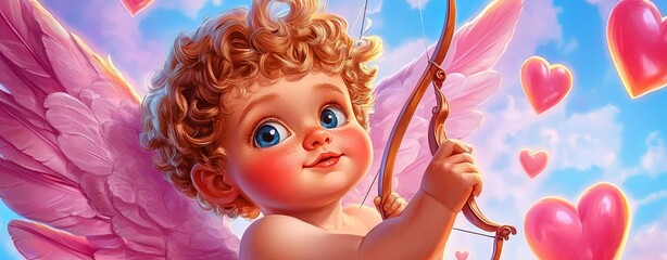 Fototapeta premium Vintage Cupid Boy with Rosy Cheeks and Bow