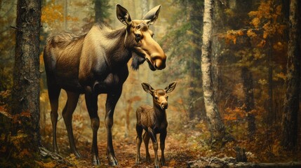 Moose family in forest nature scene autumn woods wildlife