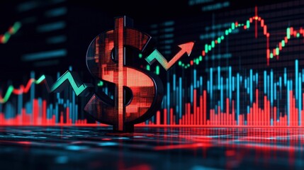 Obraz premium Illuminated dollar sign with rising, falling graphs.