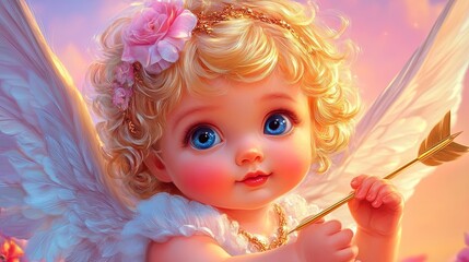 Fototapeta premium Dreamy Cupid Child in Fluffy Wings and Pastel Sky