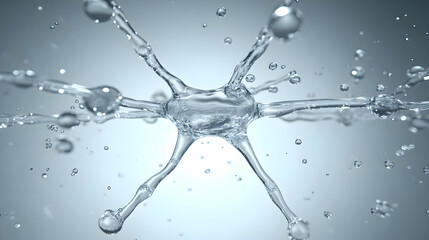 Abstract Water Splash Forms a Star Shape with Droplets Dynamically on a Soft Blue Background