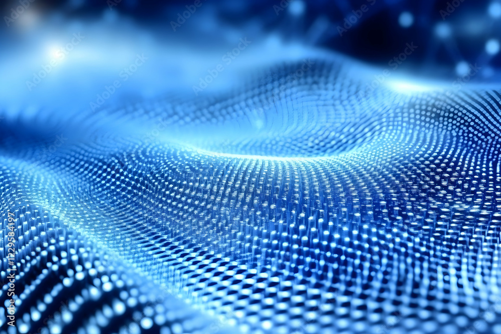 Wall mural abstract blue background forms a wavy pattern with glowing dots and digital grid texture, futuristic
