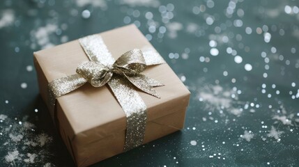A beautifully wrapped gift box with a shimmering ribbon on a festive background with sparkles