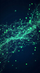 Abstract Background with Glowing Green Particles Flowing Gracefully in Dark Space