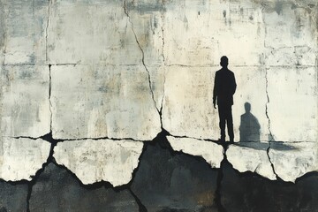 Solitary figure shadow cracked wall somber landscape