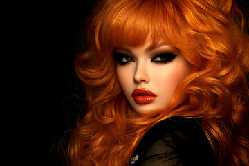 Fiery Redhead with Voluminous Curls and Bold Red Lips Poses Enigmatically Against Dark Backdrop