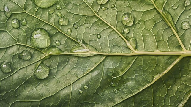 A closeup of a green leaf covered in water droplets.