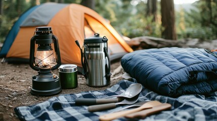 Fototapeta premium Neatly arranged camping gear in a forest clearing, emphasizing relaxation and adventure. Ideal for camping and outdoor content.
