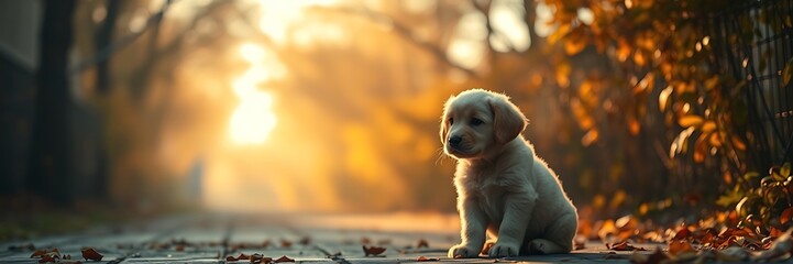 Puppy Sitting on Autumn Path in Forest with Golden Foliage