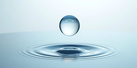 Suspended Water Droplet Above Ripple on Calm Blue Surface .