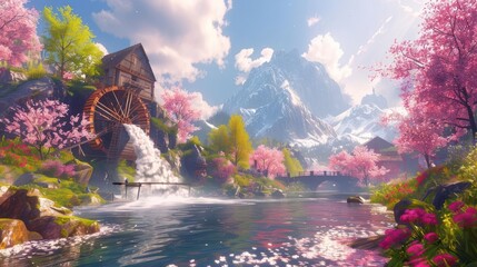 Serene landscape featuring a watermill beside a river, surrounded by cherry blossoms and mountains