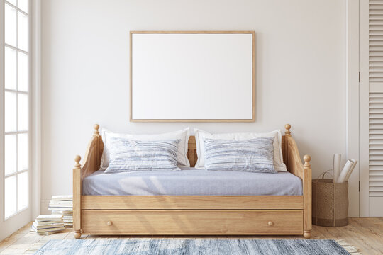 Bedroom interior mockup. Teenboy room. Poster mockup. 3d render.
