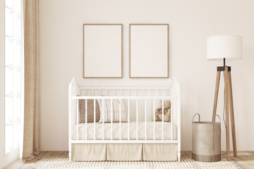 Nursery interior in romantic style. Poster mockup. 3d render.