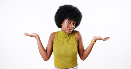 Confused, portrait and doubt of black woman with why, hands or dont know gesture on white background. Shrug, uncertain and African model with questions, decision and clueless mockup in studio