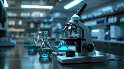 Laboratory scene featuring a microscope with glassware and chemical solutions in the background