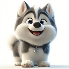 Obraz premium Adorable Cartoon Husky Puppy 3D Rendered Happy Expression White Background