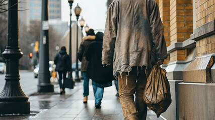 homelessness shelters support concept. Homeless individual walking in an urban setting.