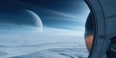 Fototapeta premium An astronaut huddles inside a reinforced survival pod on Triton, Neptune's largest moon, as an intense ice storm rages outside