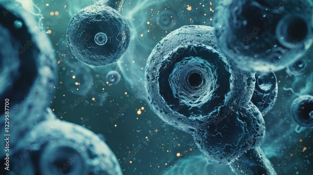 Poster close-up view of microscopic cells showcasing intricate structures and glowing particles in a scient