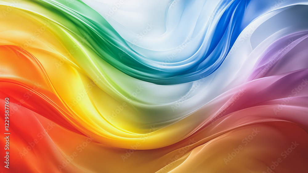 Poster rainbow fabric waves: abstract image of vibrant, flowing fabric in a spectrum of rainbow colors, cre