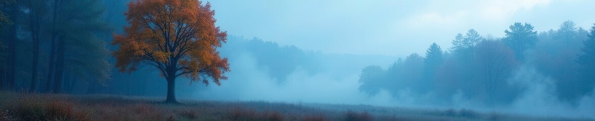 Fototapeta premium Thin blue mist swirls around a forest tree in autumn fog, fog, nature