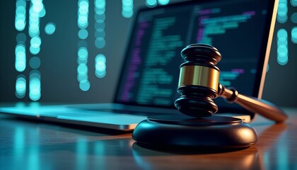 In a creative portrayal of legal technology, a judges gavel rests on a laptop. Surrounding it are dynamic digital data streams, symbolizing innovation in the justice system.