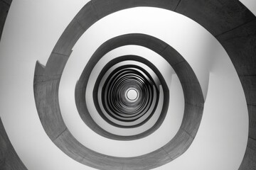 Fototapeta premium A spiral shaped building with a white and black color scheme. The spiral is made of concrete. The spiral is very large and has a lot of detail