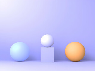 3D Illustration of Colorful Spheres and a Cube on a Purple Background. Modern and Minimalist Design Concept. Perfect for Backdrop. Abstract Art. Clean Simple Shapes.