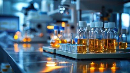 Laboratory scene with glass vials and test tubes filled with orange liquid, showcasing scientific research