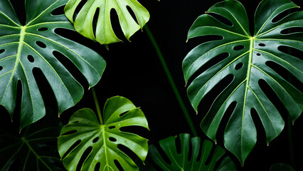 Vibrant Monstera Deliciosa Leaves on Black Background for Tropical Decor, Biophilic Design, and Plant Care Marketing