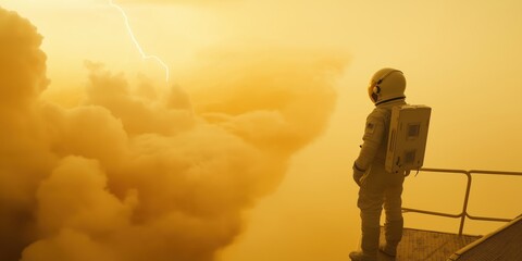 An astronaut stands on a futuristic research station floating in Venus's dense atmosphere, observing massive bolts of lightning arcing across the thick yellow clouds