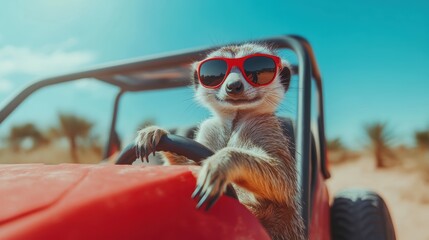 Meerkat Driving a Desert Buggy Desert Animal Image Sunny Environment Close-up Adventure Concept
