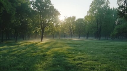 Serene morning in a lush green park with sunlight filtering through trees and mist