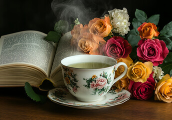 A vintage-inspired tea set with colorful flowers, surrounded by an open book on a wooden table. The scene is warm and inviting, evoking the charm of retro aesthetics. A close-up shot captures 