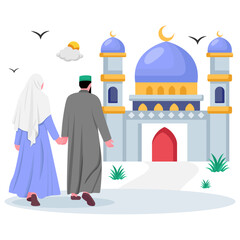 Muslim couple walking hand in hand towards mosque concept,   Husband Wife going for Prayer-Salat-ul-Eidayn vector icon Design, ramadan and Eid al-Fitr Banner, Muslim fasting month scene illustration 