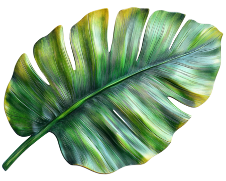 A vibrant, detailed illustration of a large green tropical leaf.