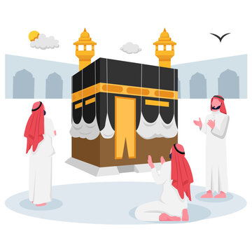 Saudi Mens Around Mataf Masjid al-Haram, Traditional Clothing people Dua at Kaaba vector icon design,  ramadan and Eid al-Fitr Banner, Muslim fasting month scene, Arabic holidays illustration