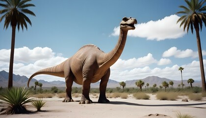 Fototapeta premium Un gran dinosaurio brontosaurio marrón parado en un paisaje desértico con palmeras, bajo un cielo azul nublado