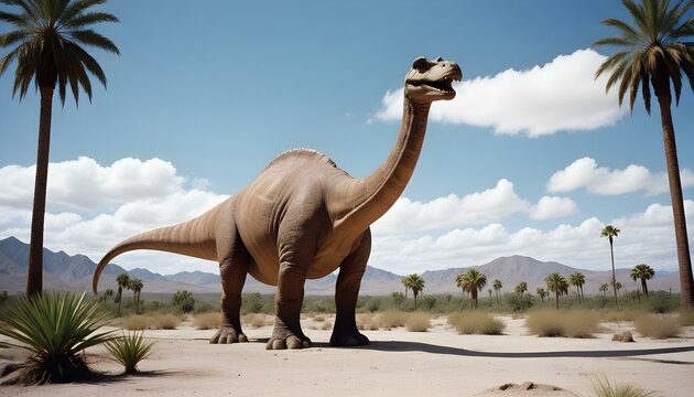 Un gran dinosaurio brontosaurio marr&oacute;n parado en un paisaje des&eacute;rtico con palmeras, bajo un cielo azul nublado