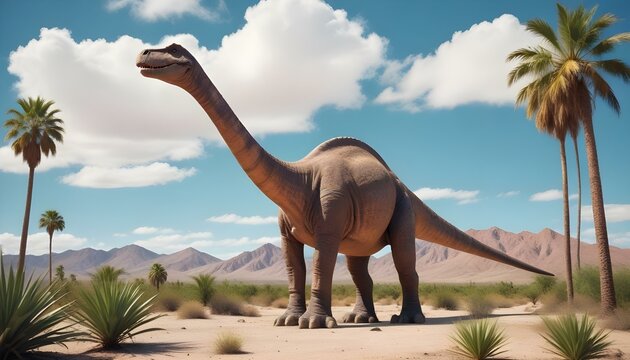 Un gran dinosaurio brontosaurio marr&oacute;n parado en un paisaje des&eacute;rtico con palmeras, bajo un cielo azul nublado