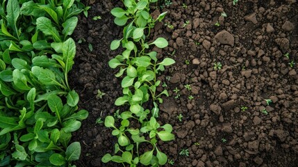 Lush green seedlings emerging from rich dark soil in a cultivated garden, showcasing growth
