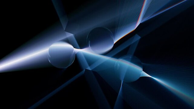 Light rays refraction through glass spheres 3d animation.  Volumetric caustics optical effect.